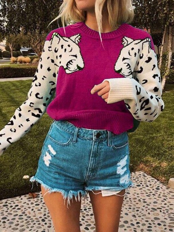 New sweater for women contrast color mosaic leopard pattern long-sleeved shirt women's knit sleeve casual loose O-Neck Autumn - Takalr