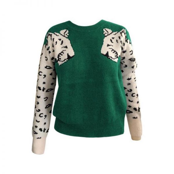 New sweater for women contrast color mosaic leopard pattern long-sleeved shirt women's knit sleeve casual loose O-Neck Autumn - Takalr