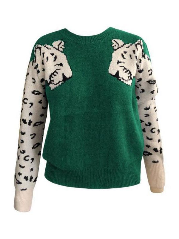 New sweater for women contrast color mosaic leopard pattern long-sleeved shirt women's knit sleeve casual loose O-Neck Autumn - Takalr