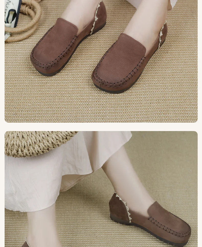 Handmade Ladies Genuine Leather Loafers Lace Trimmed Flat Shoes - Image 14