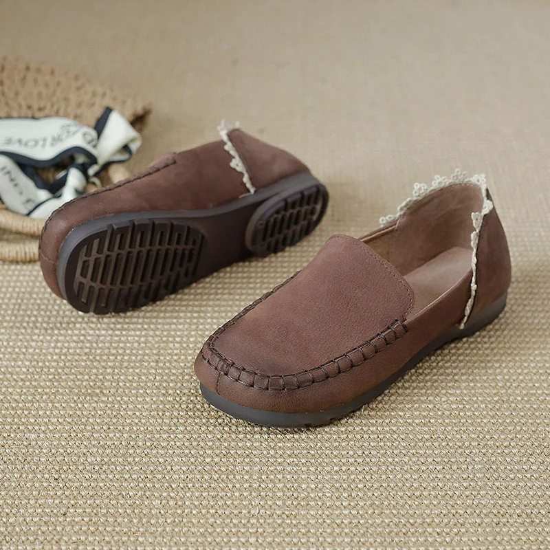 Handmade Ladies Genuine Leather Loafers Lace Trimmed Flat Shoes - Image 6