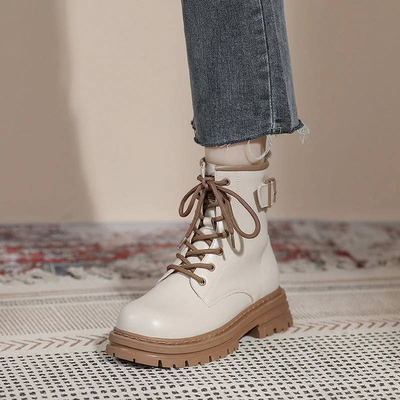 Thick Sole Vintage British Style Short Boots Lace-Up Mid Tube Boots for Women - Image 3