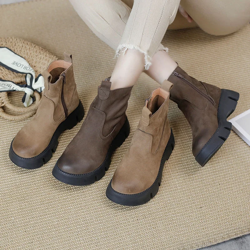 Vintage Thick Sole Wedge Shoes Soft Leather Women's Martin Boots