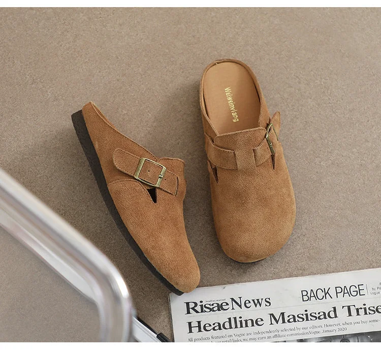 Retro Leather Sandals and Slippers Women's Flat Borken Half Slippers - Image 17