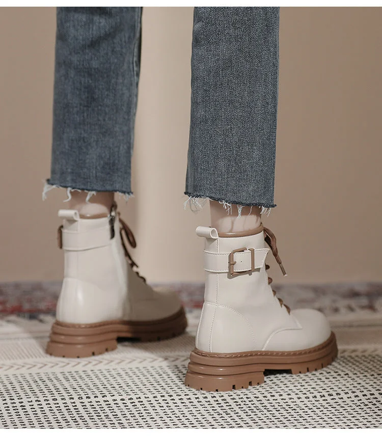Thick Sole Vintage British Style Short Boots Lace-Up Mid Tube Boots for Women - Image 9