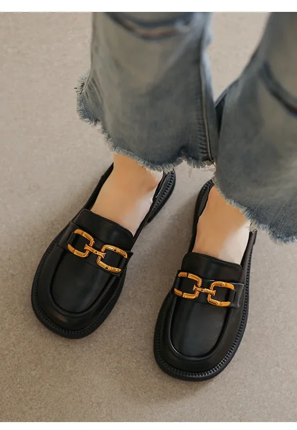 Thick Sole Loafers Women's Chunky Heel Shoes Women's Small Leather Shoes