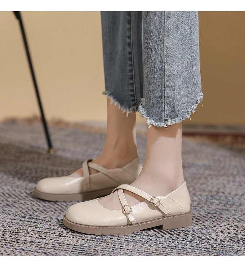 Womens Flat Bottom Round Toe Mary Jane Shoes Soft Non-slip Cross Straps - Image 2