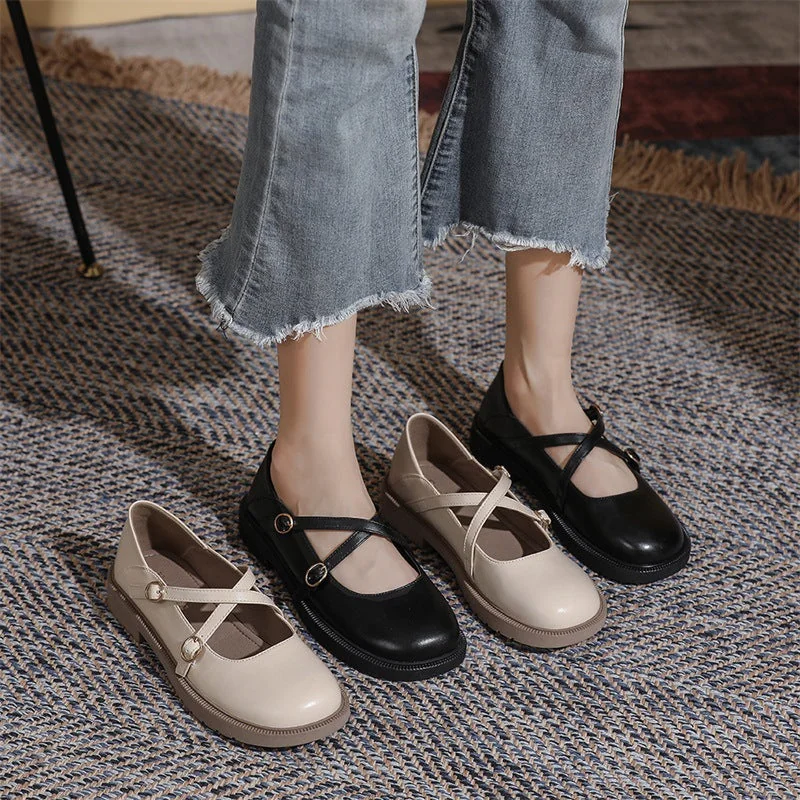 Womens Flat Bottom Round Toe Mary Jane Shoes Soft Non-slip Cross Straps - Image 4