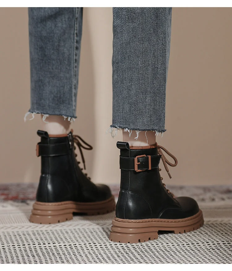 Thick Sole Vintage British Style Short Boots Lace-Up Mid Tube Boots for Women - Image 13