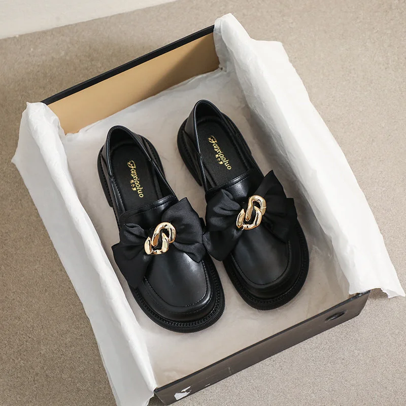 Retro Loafer Shoes with Round Toe and Thick Heel College Style Bow for Women - Image 6