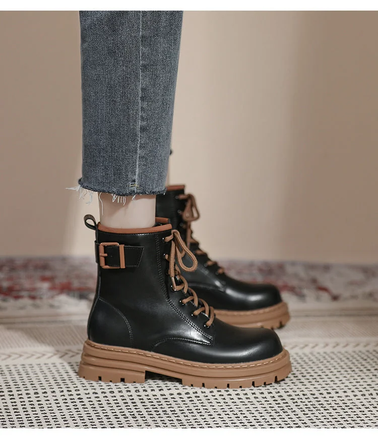 Thick Sole Vintage British Style Short Boots Lace-Up Mid Tube Boots for Women - Image 12