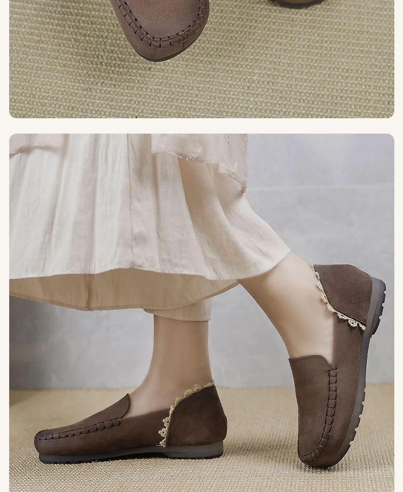 Handmade Ladies Genuine Leather Loafers Lace Trimmed Flat Shoes - Image 16