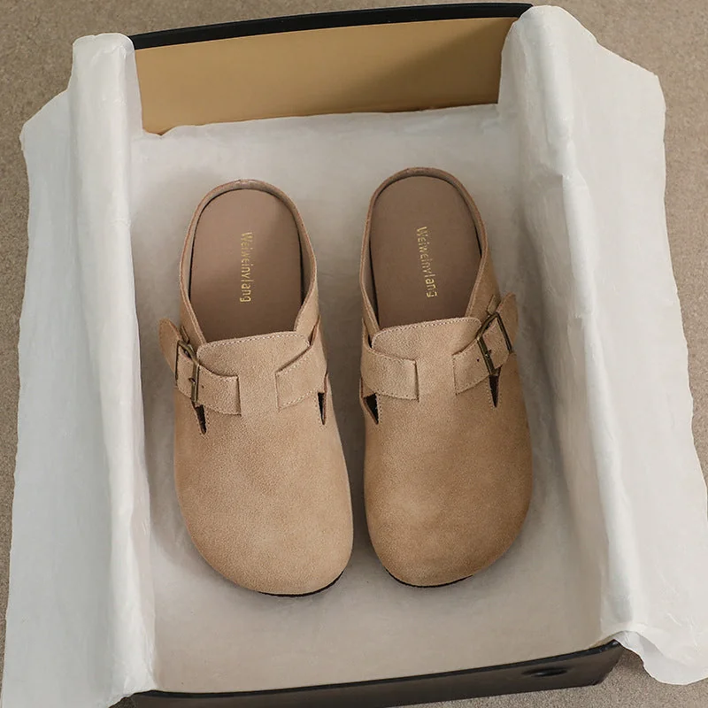 Retro Leather Sandals and Slippers Women's Flat Borken Half Slippers - Image 8
