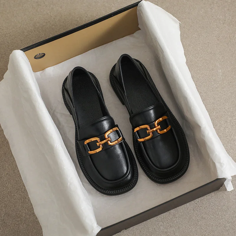 Thick Sole Loafers Women's Chunky Heel Shoes Women's Small Leather Shoes - Image 2
