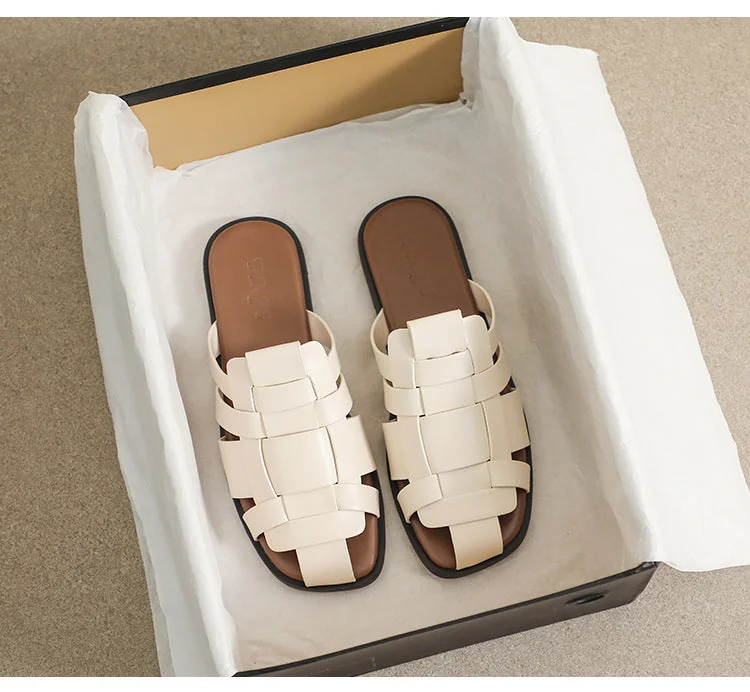 Women Slippers 2023 New Retro Flat Slippers Woven Strappy Sandals - Image 20
