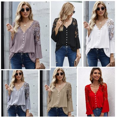 Hollow Out Lace Shirts Women Vintage Flare Sleeve Blouse Top