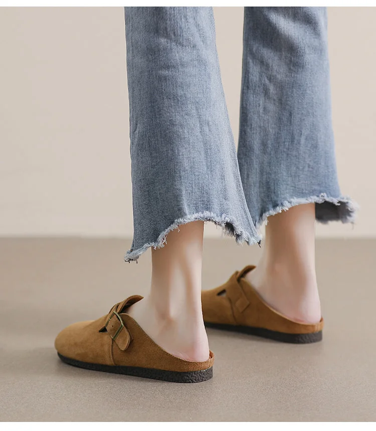 Retro Leather Sandals and Slippers Women's Flat Borken Half Slippers - Image 2