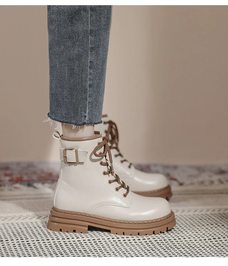 Thick Sole Vintage British Style Short Boots Lace-Up Mid Tube Boots for Women - Image 8
