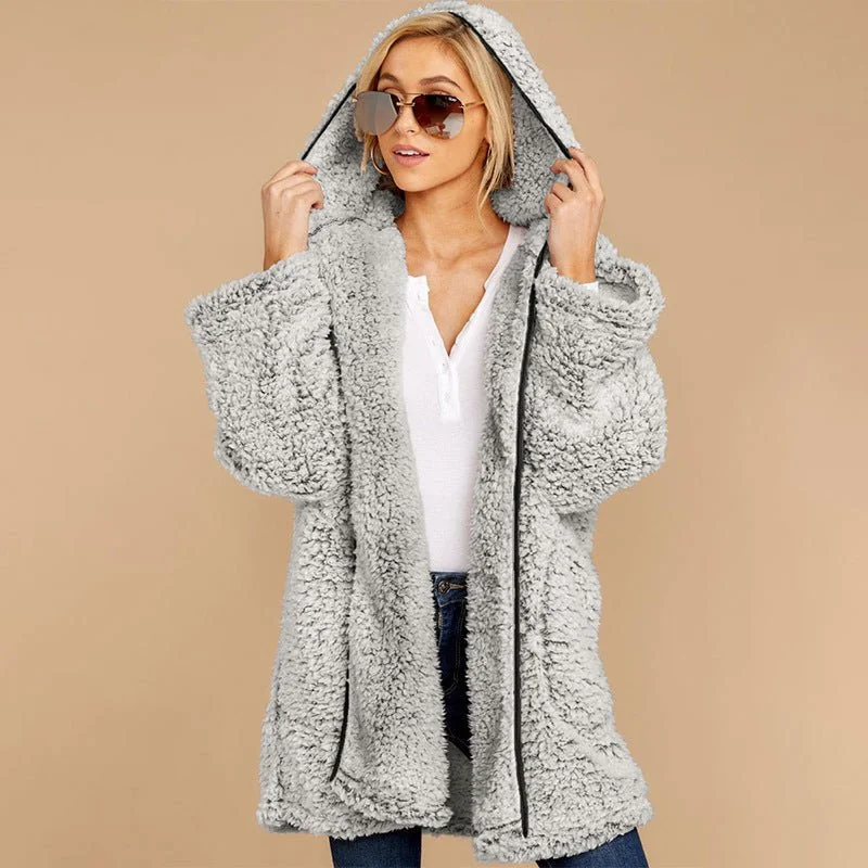Fleece Thickened Hooded Jacket Women's Mid-length Loose Casual Jacket - Image 4