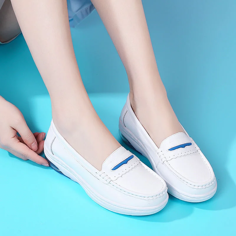 Women's Nurse Loafers Leather Wedge Soft Flat Breathable Nursing Shoes - Image 4