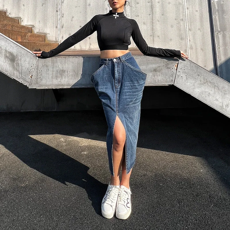 Irregular Women's Washed Blue Denim Skirt with Exaggerated Big Pocket and Small Slit - Image 3