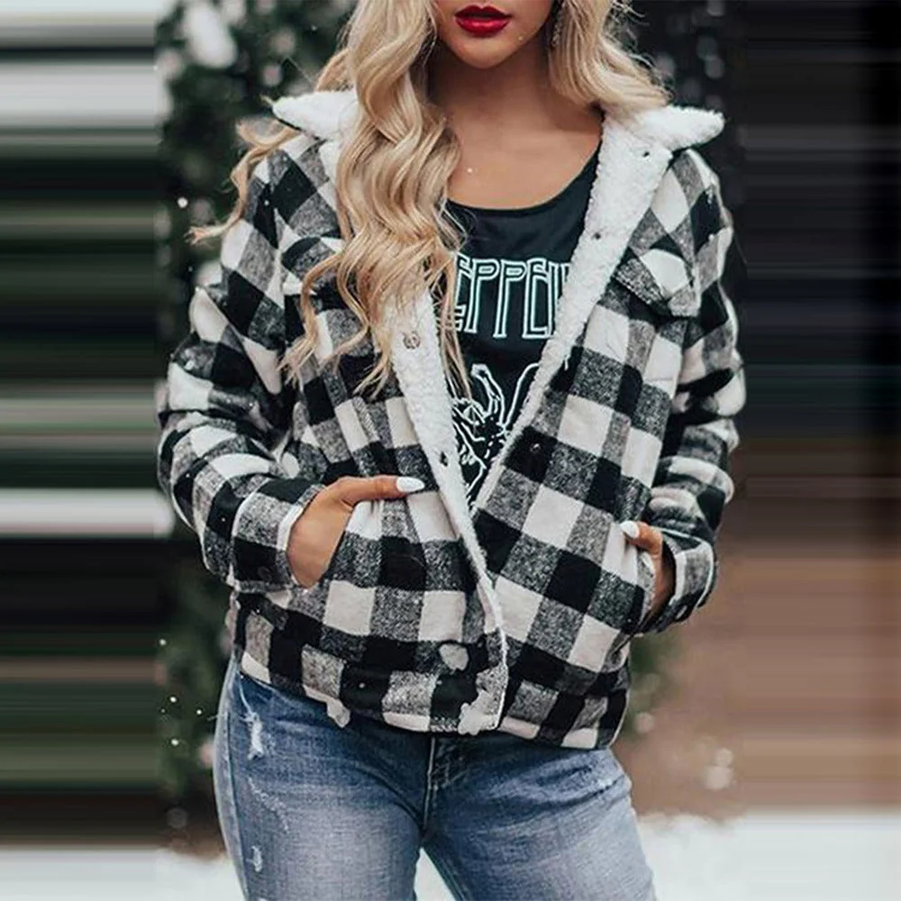 Winter Plus Velvet Thick Plaid Jacket Women's Cardigan Long-sleeved Coat - Image 6