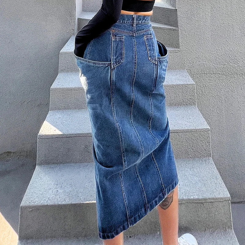 Irregular Women's Washed Blue Denim Skirt with Exaggerated Big Pocket and Small Slit - Image 4