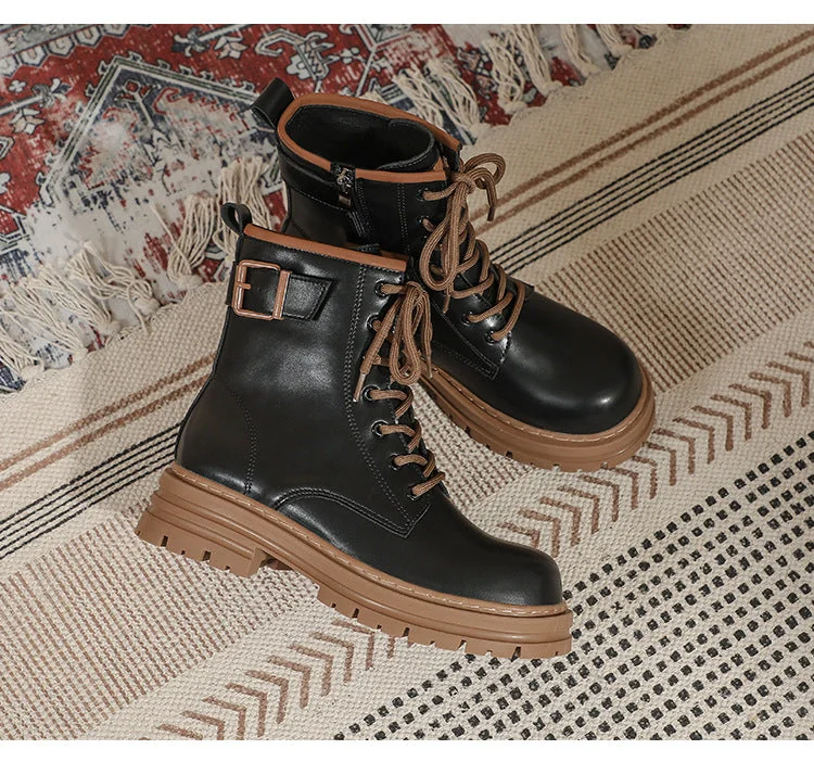 Thick Sole Vintage British Style Short Boots Lace-Up Mid Tube Boots for Women - Image 20