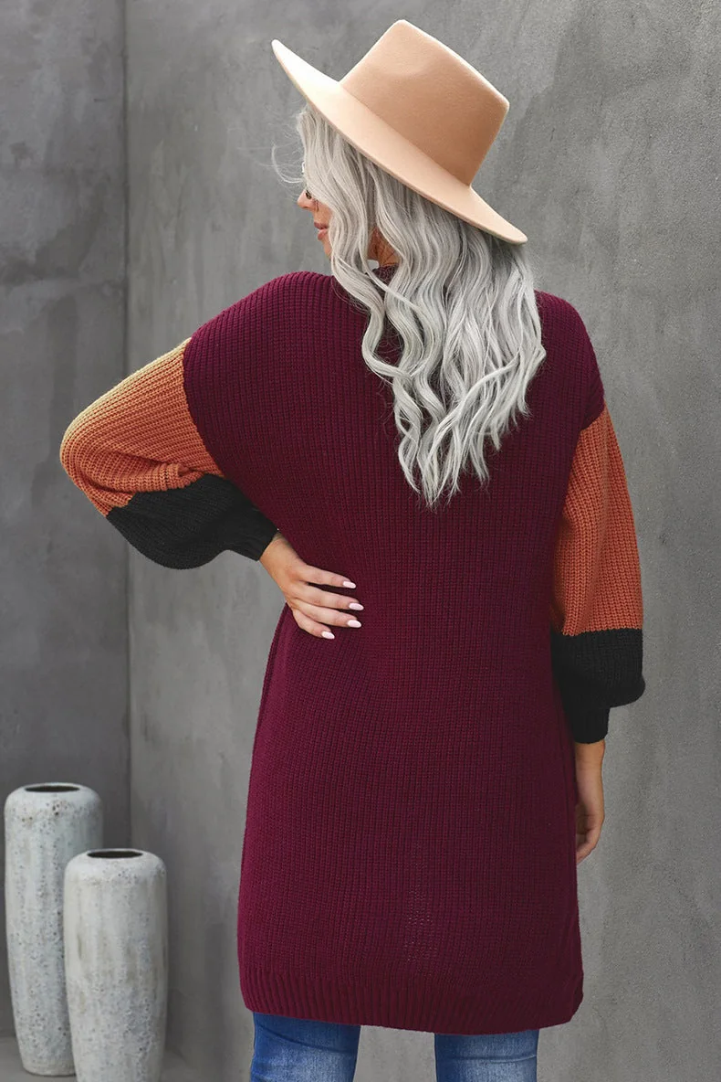 colorblock long sleeve cardigan sweater coat women's medium long loose sweater - Image 10