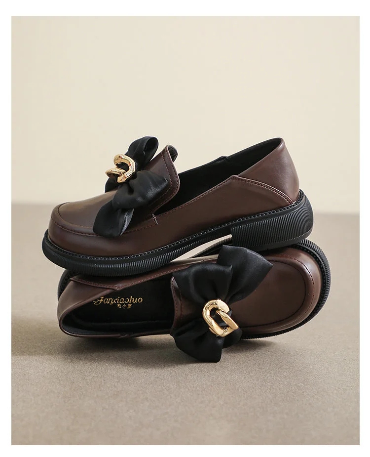 Retro Loafer Shoes with Round Toe and Thick Heel College Style Bow for Women - Image 13