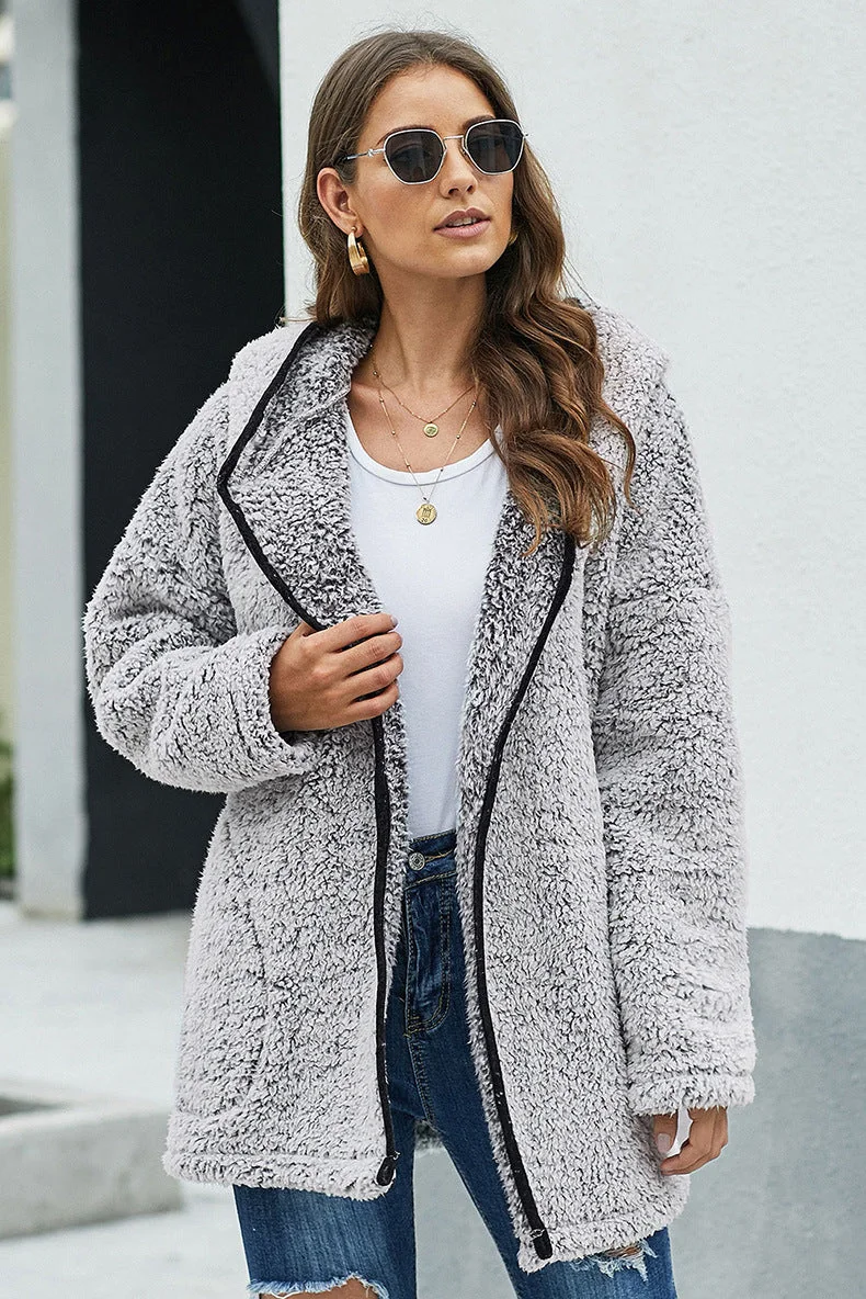 Fleece Thickened Hooded Jacket Women's Mid-length Loose Casual Jacket - Image 26