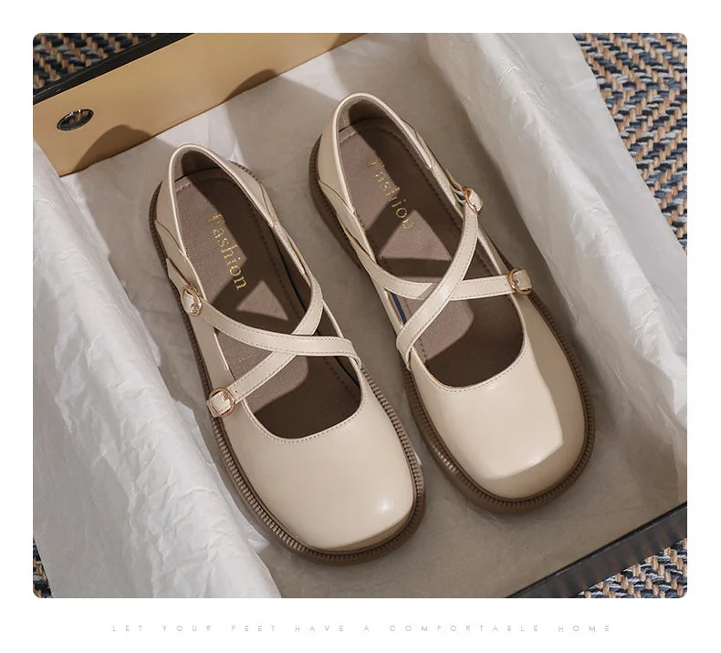 Womens Flat Bottom Round Toe Mary Jane Shoes Soft Non-slip Cross Straps - Image 22