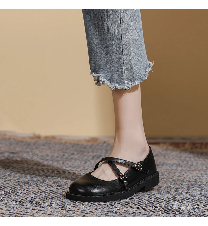 Womens Flat Bottom Round Toe Mary Jane Shoes Soft Non-slip Cross Straps - Image 17