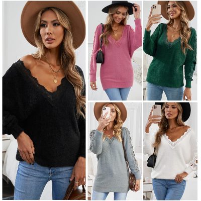 Lace V-neck solid color sweater women winter leisure long-sleeved top bottoming shirt