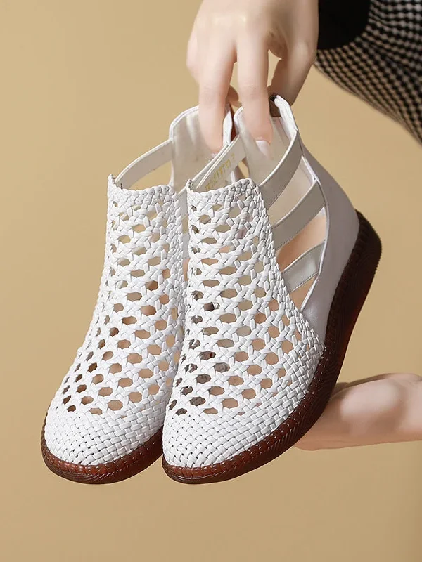 Women Sandals Retro Hollow Leather Ladies Flat Comfortable Casual Shoes