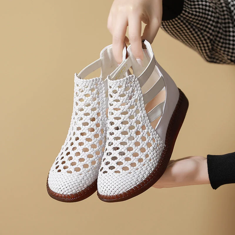 Women Sandals Retro Hollow Leather Ladies Flat Comfortable Casual Shoes