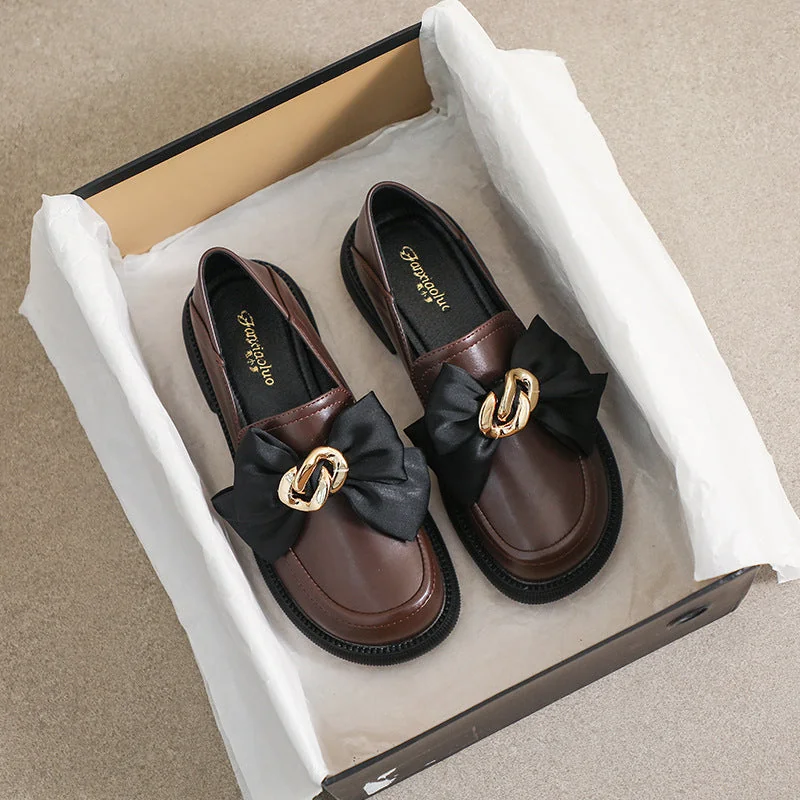 Retro Loafer Shoes with Round Toe and Thick Heel College Style Bow for Women - Image 7