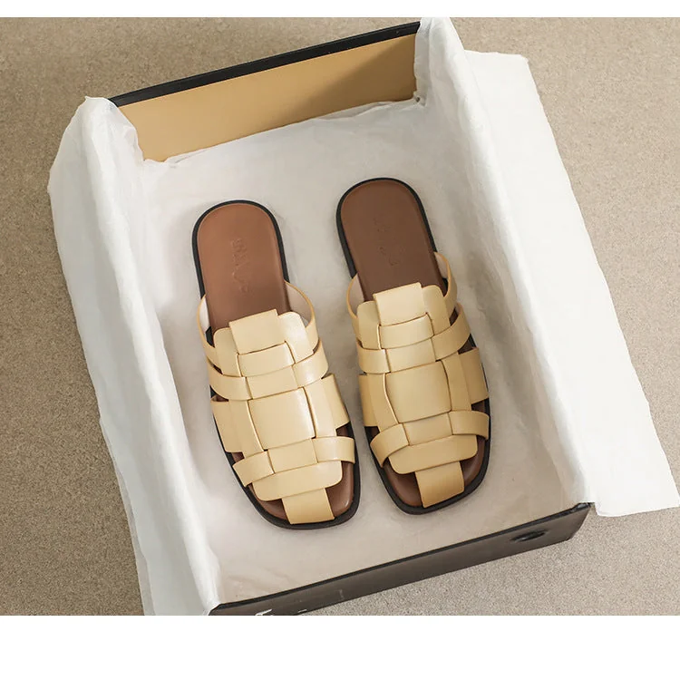 Women Slippers 2023 New Retro Flat Slippers Woven Strappy Sandals - Image 25