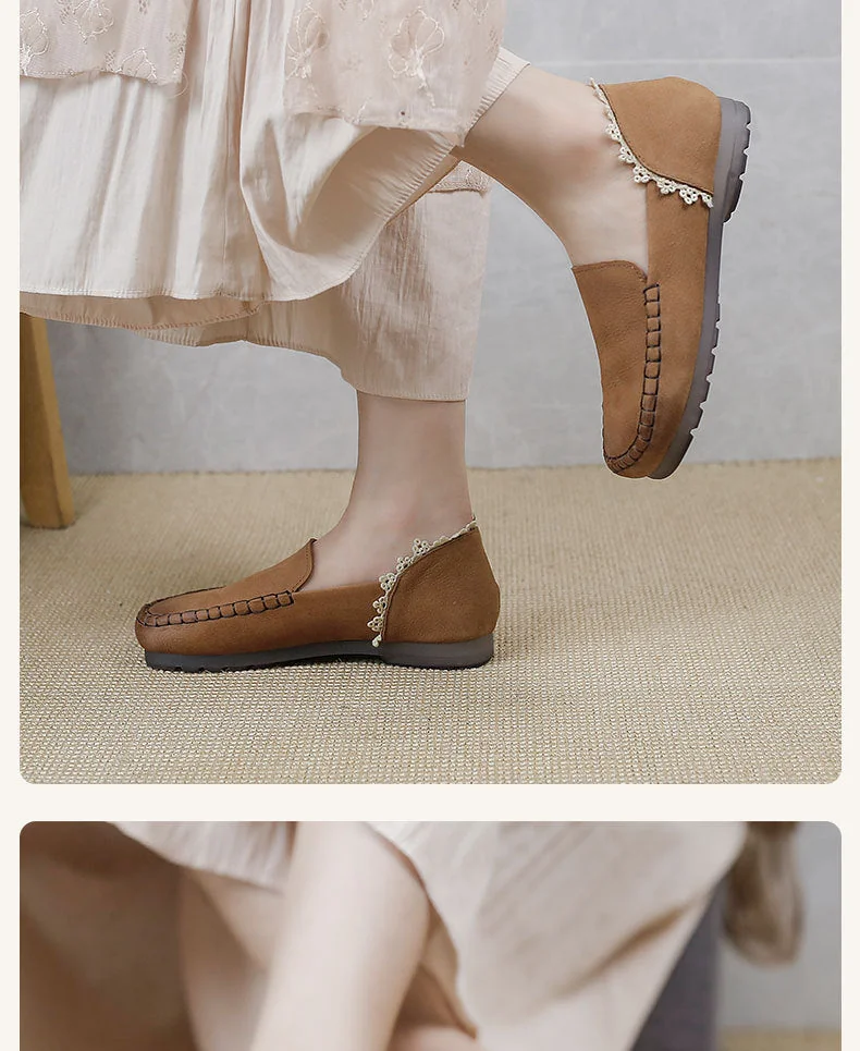Handmade Ladies Genuine Leather Loafers Lace Trimmed Flat Shoes - Image 12