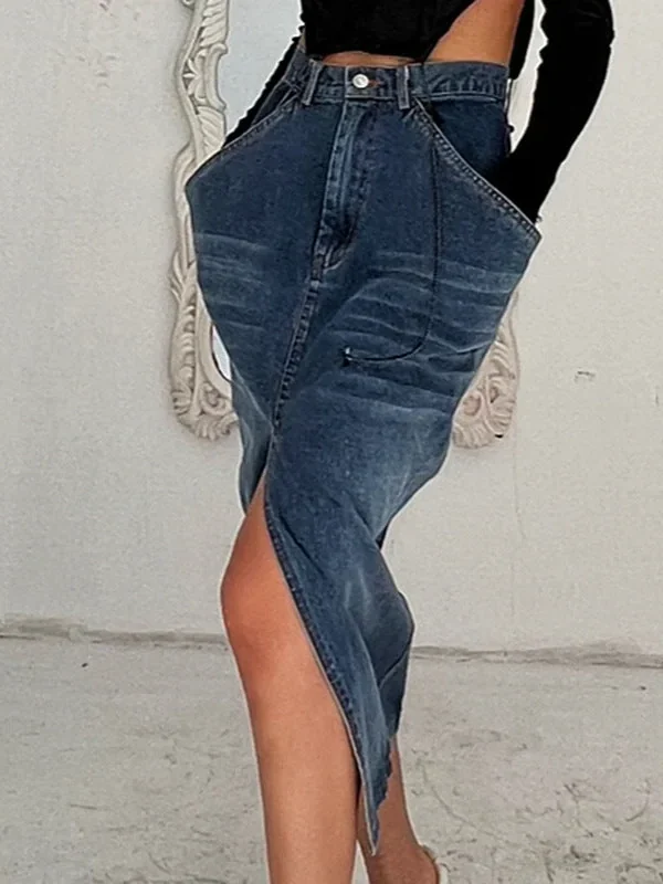 Irregular Women's Washed Blue Denim Skirt with Exaggerated Big Pocket and Small Slit