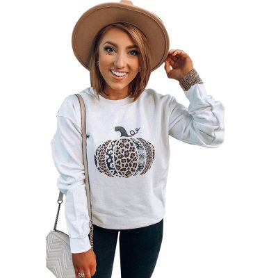 Halloween Pumpkin Print Hoodless Sweatshirt Women's Loose Long Sleeve Top T-shirt
