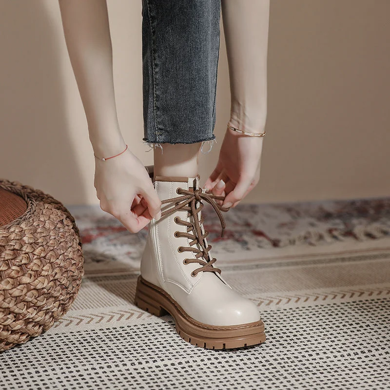 Thick Sole Vintage British Style Short Boots Lace-Up Mid Tube Boots for Women - Image 6
