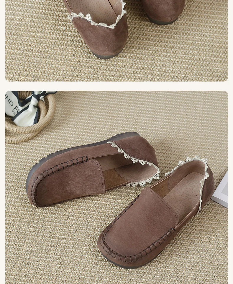 Handmade Ladies Genuine Leather Loafers Lace Trimmed Flat Shoes - Image 9