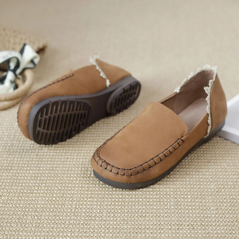 Handmade Ladies Genuine Leather Loafers Lace Trimmed Flat Shoes - Image 4