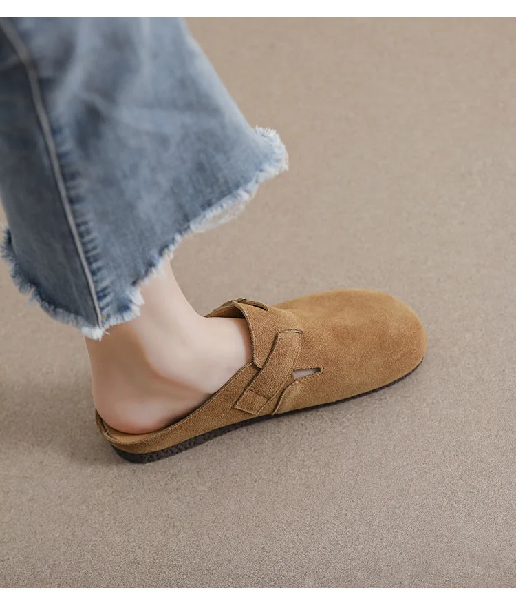 Retro Leather Sandals and Slippers Women's Flat Borken Half Slippers - Image 3