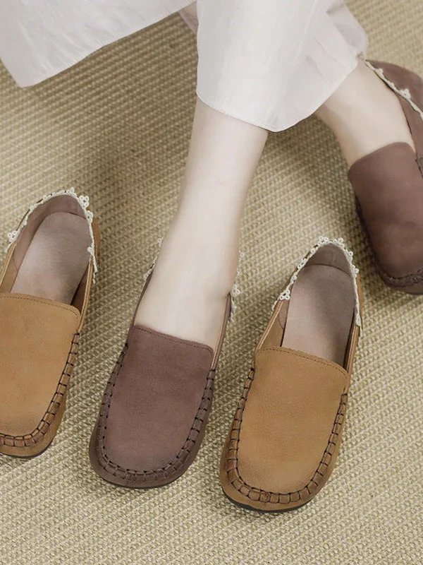 Handmade Ladies Genuine Leather Loafers Lace Trimmed Flat Shoes