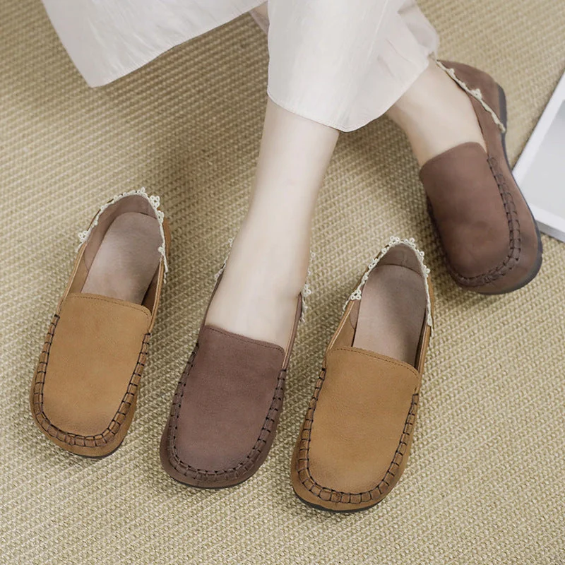 Handmade Ladies Genuine Leather Loafers Lace Trimmed Flat Shoes