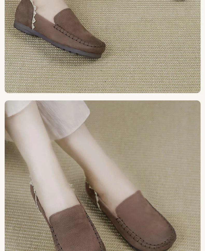 Handmade Ladies Genuine Leather Loafers Lace Trimmed Flat Shoes - Image 15
