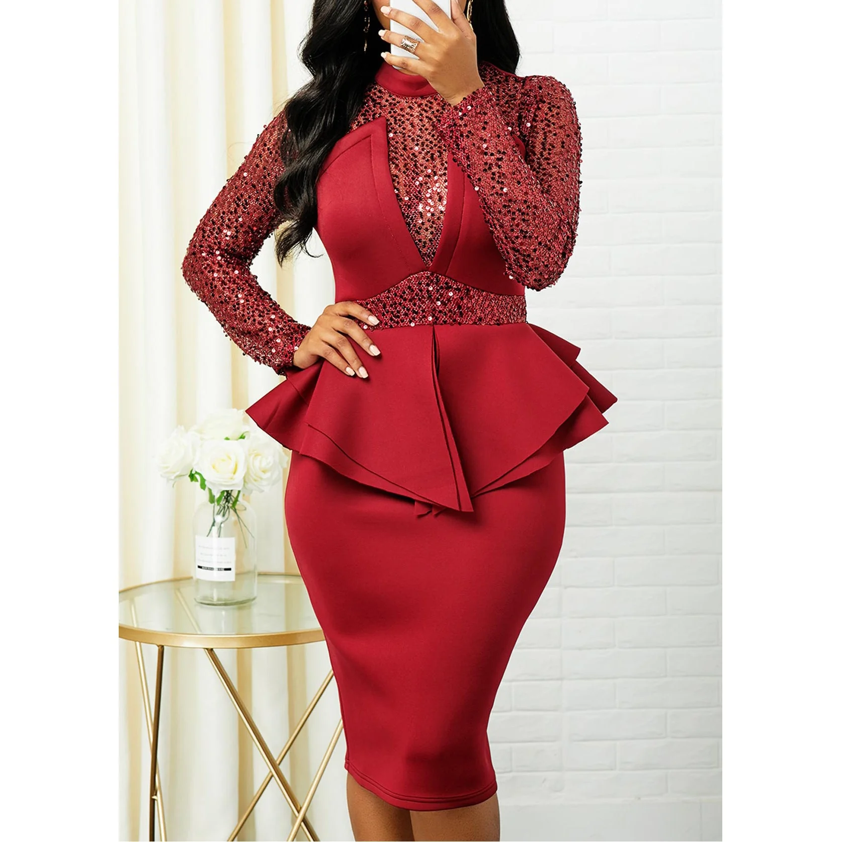 Plus Size Women Peplum Sequin Detail Dress Elegant Office Lady Chic Spring Fall Elegant Night Out Club Formal Party Vestidos - Image 10