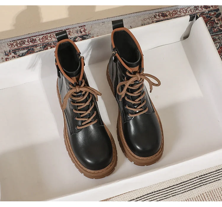 Thick Sole Vintage British Style Short Boots Lace-Up Mid Tube Boots for Women - Image 21